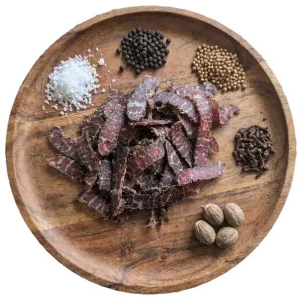 Biltong Snacks with spice ingredients on a wooden platter.