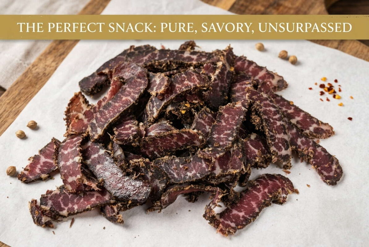Premium beef biltong slices on parchment paper with spices, artisanal jerky snack presentation.