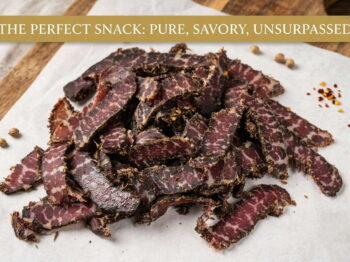 Premium beef biltong slices on parchment paper with spices, artisanal jerky snack presentation.