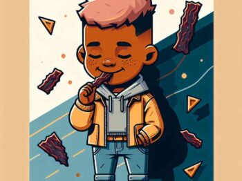 Cartoon boy eating healthy kids snacks in stylish outfit with floating chips and playful background.