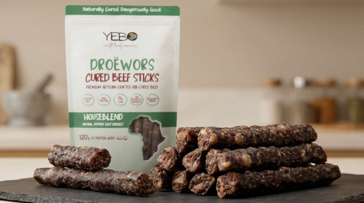 Yebo Droëwors cured beef sticks on slate board with packaging in kitchen setting.