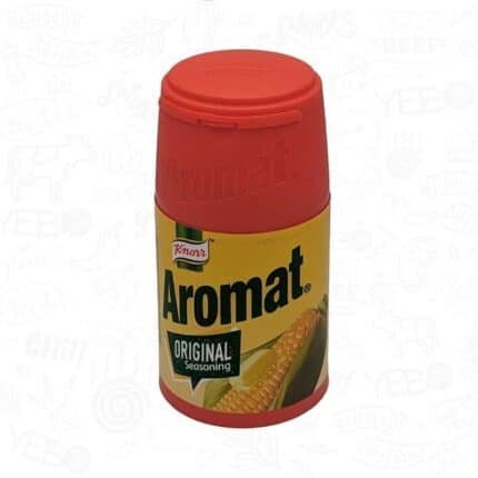 a red Aromat container with a yellow label