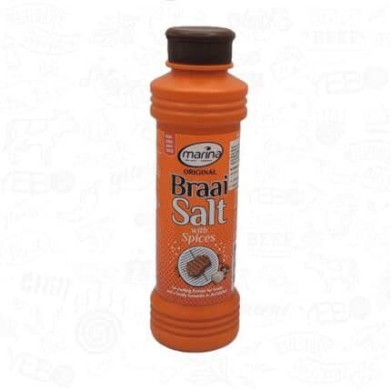 a bottle of Marina Braai salt with a label and brown lid.