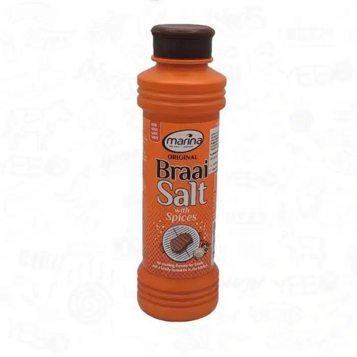 A bottle of marina braai salt with a label and brown lid.