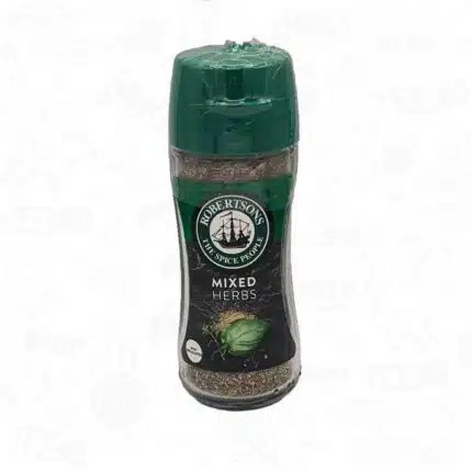 a bottle of Robertsons Mixed Herbs spices with a green lid