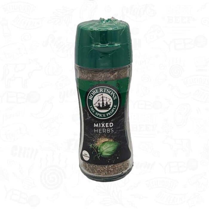 A bottle of robertsons mixed herbs spices with a green lid