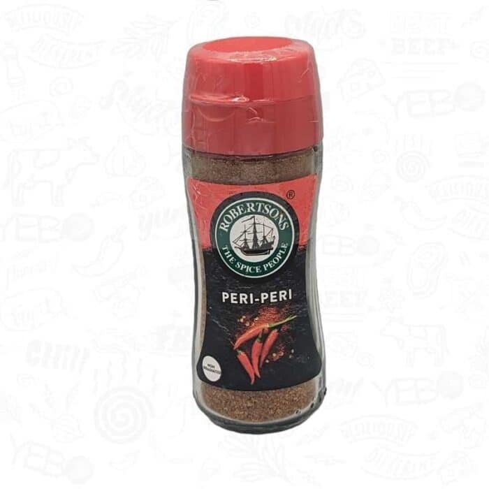 A bottle of robertsons peri peri spice with a red lid