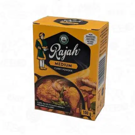 a yellow box of Rajah medium curry powder