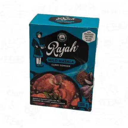 a blue box of Rajah Masala Curry spice