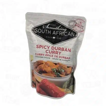 a close up of a bag of Spicy Durban Curry Sauce