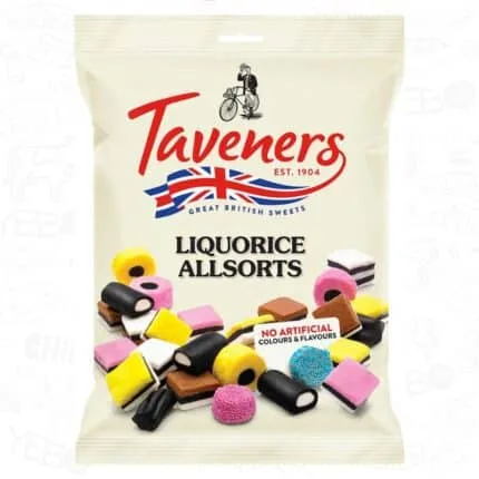 a cream bag of British Taveners liquorice with a picture displaying the multicolored delicious sweets