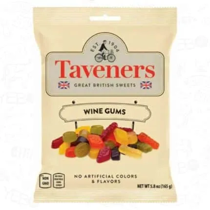 a cream bag of British Taveners wine gums with a picture displaying the multicolored delicious sweets