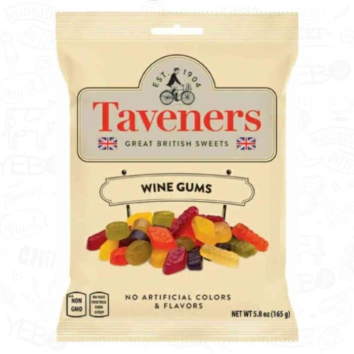 A cream bag of british taveners wine gums with a picture displaying the multicolored delicious sweets