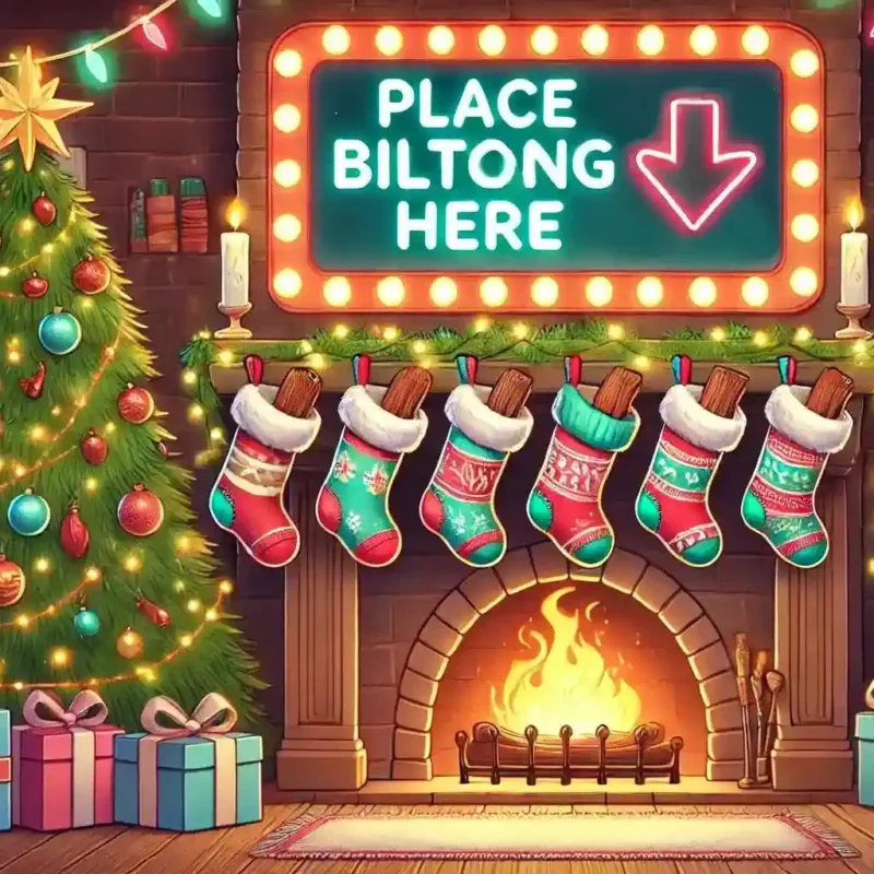 a unique christmas gift, biltong, christmas tree and a fireplace with a sign that says: "Place Biltong here"