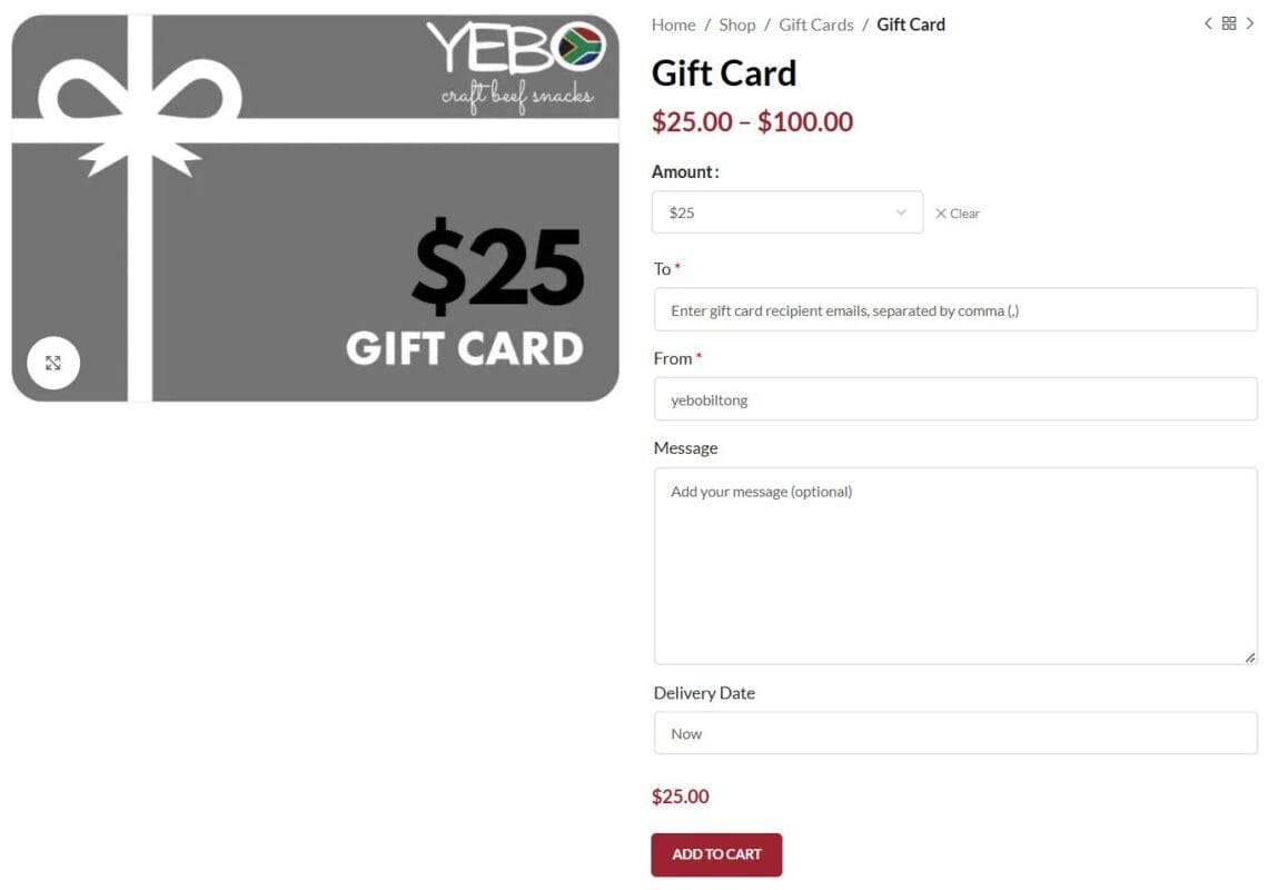 A screenshot showing the gift card and inputs to select recipient, a message and schedule a delivery date