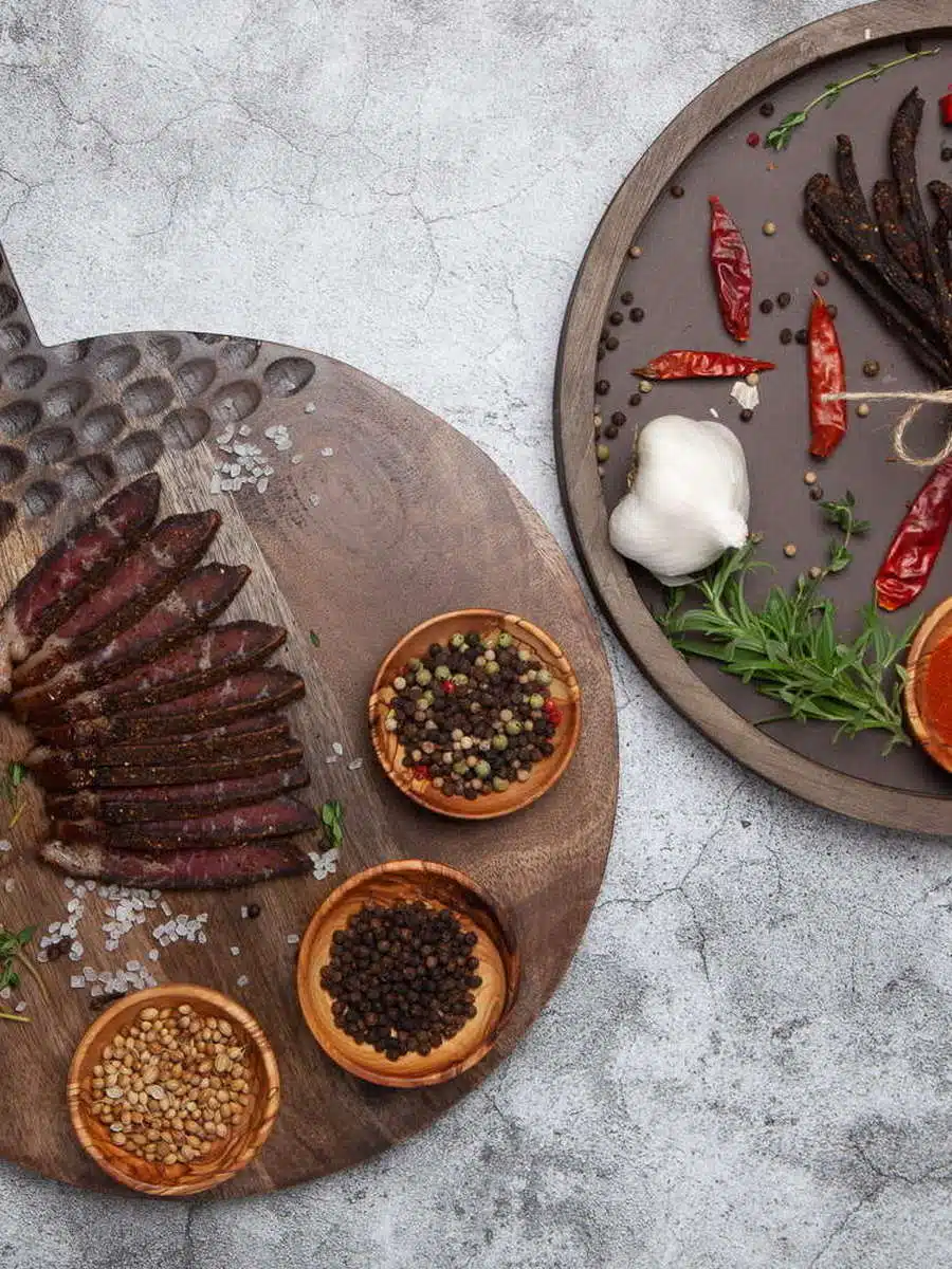 Sliced south african biltong served on a wooden board.