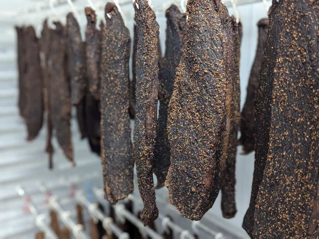 Biltong hanging while air drying