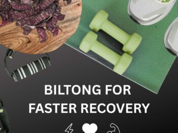 An image that shows biltong for faster recovery. Shoes, stretch bands, and dumbells.