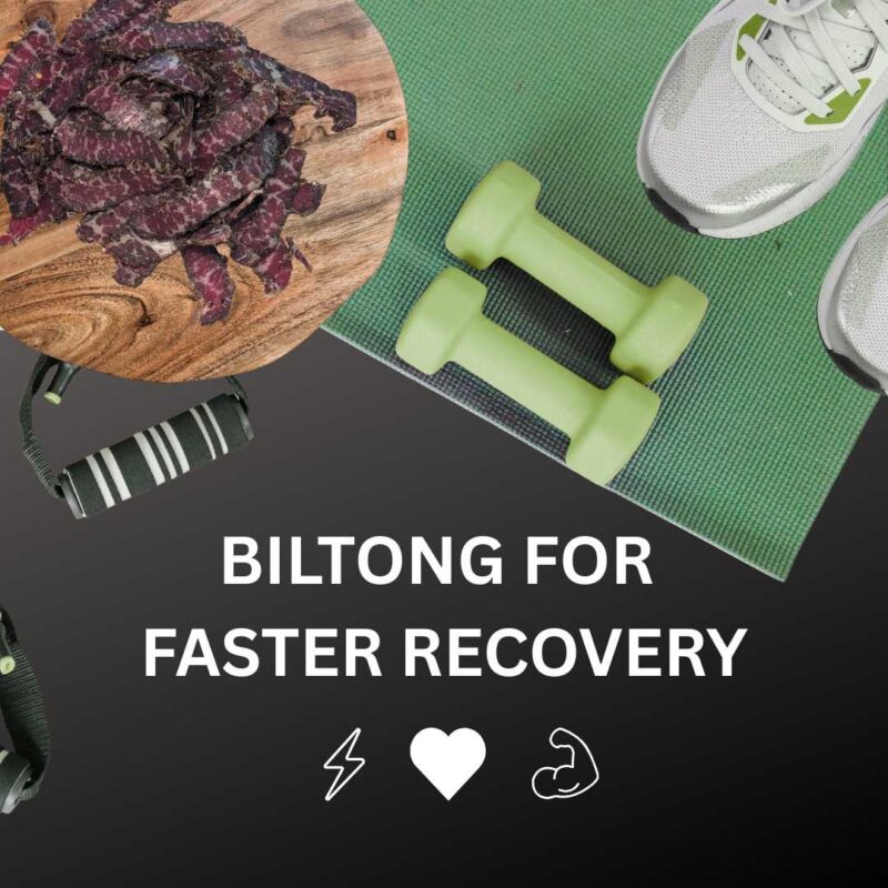 An image that shows biltong for faster recovery. Shoes, stretch bands, and dumbells.