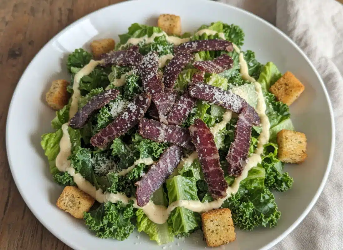 Salad topped with biltong and croutons