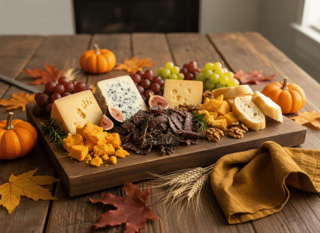A platter with biltong pairings, such as aged cheddar, gouda, and blue cheese.