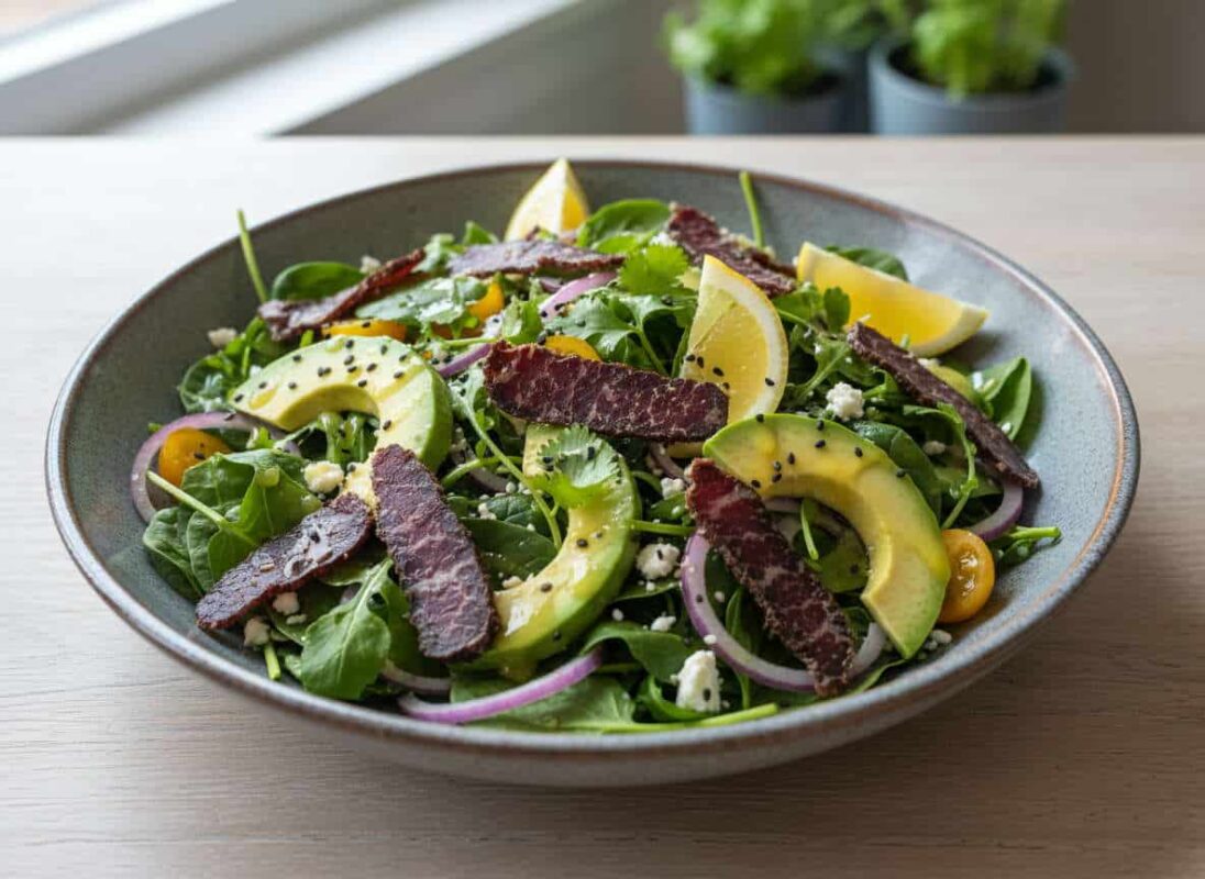 Fresh salad with biltong and avocado