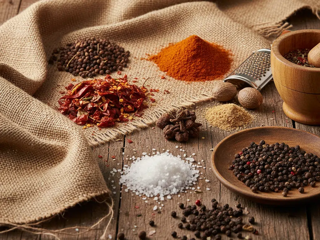 Variety of  craft biltong spices on burlap fabric