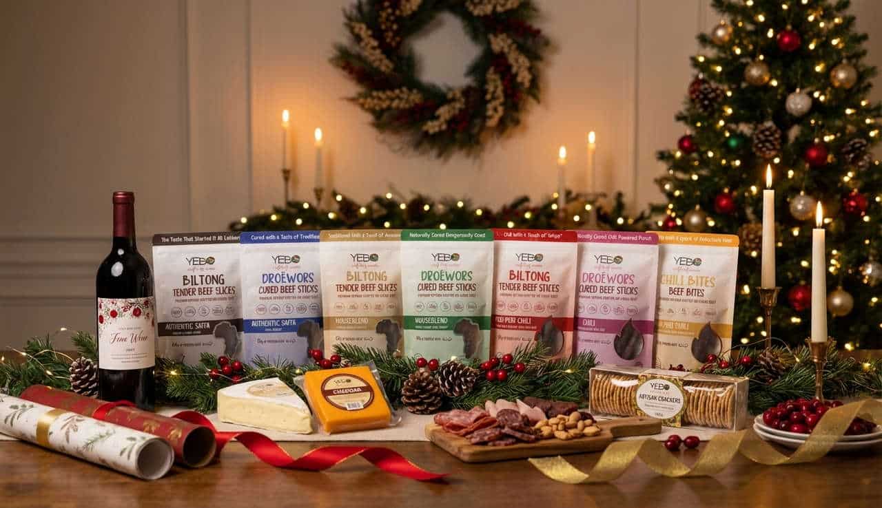 Yebo biltong variety as a gift, with cheese and wine on a festive decorated table.