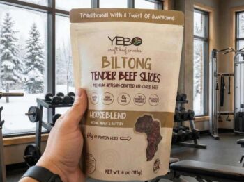 Biltong supports winter fitness. A bag of biltong in a gym setting.