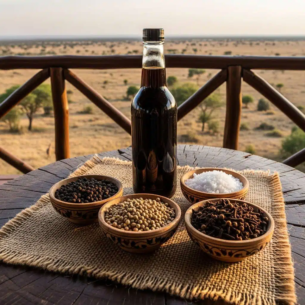 Spices and sauce on wooden table
