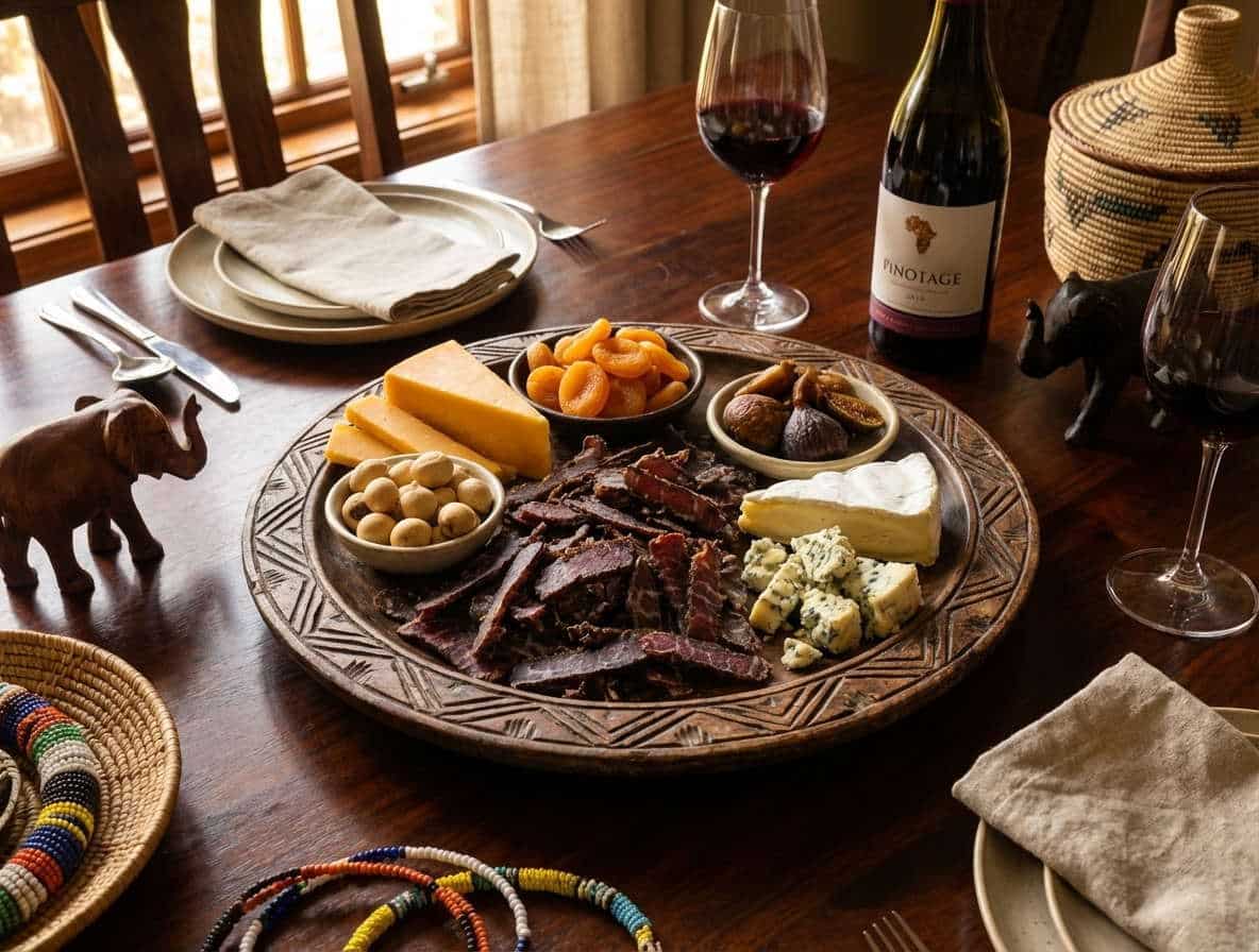 Pairing biltong with soft cheese on a charcuterie board with wine and snacks