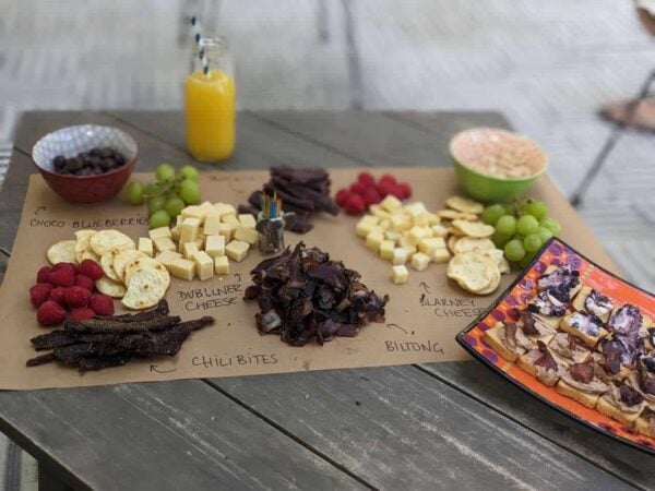 Smart snacking-variety of snacks on a table, such as biltong