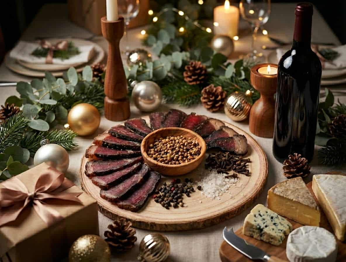 Festive platter with wine and decorations