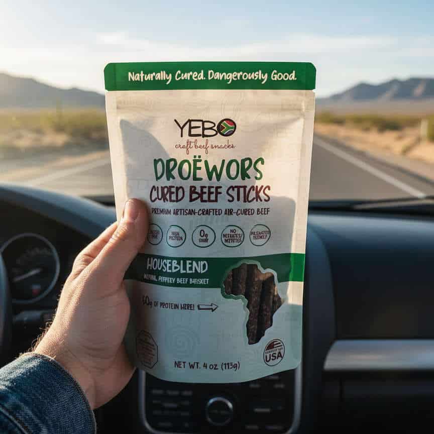 Smart snacking-hand holding droëwors in car