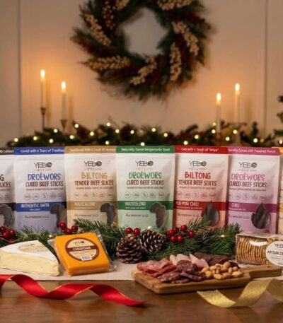 Biltong for Christmas, with a festive table with biltong and wine