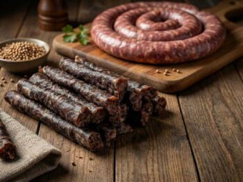 Boerewors and droewors presented on a wooden table