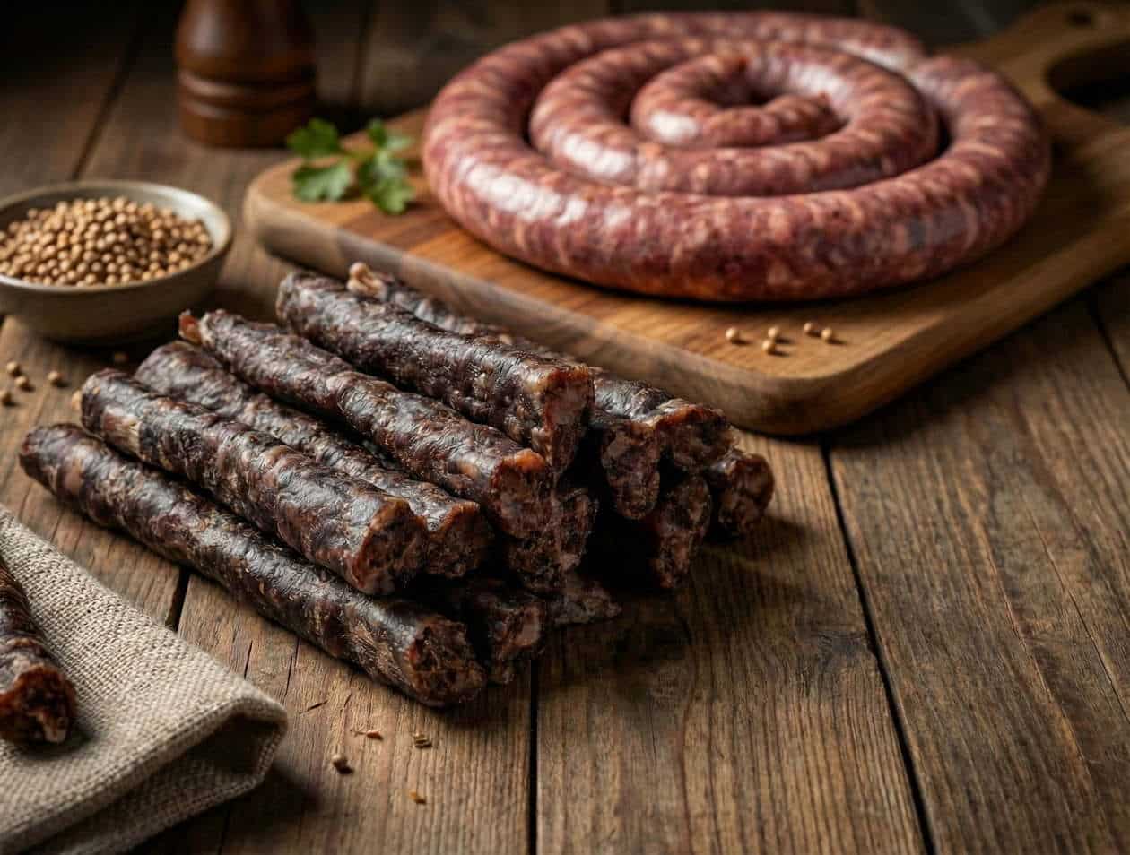 Boerewors and droewors presented on a wooden table