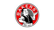 Bold red and black Bakers logo with musician silhouette holding microphone.