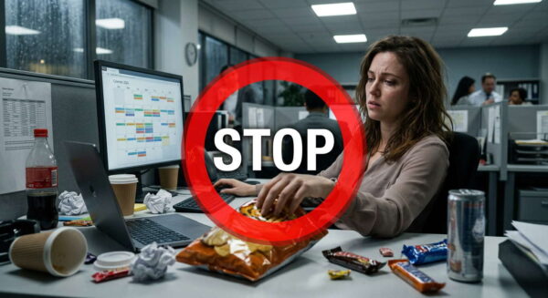 Eating biltong protein snacks in an office environment, rather than bad snacking habits.