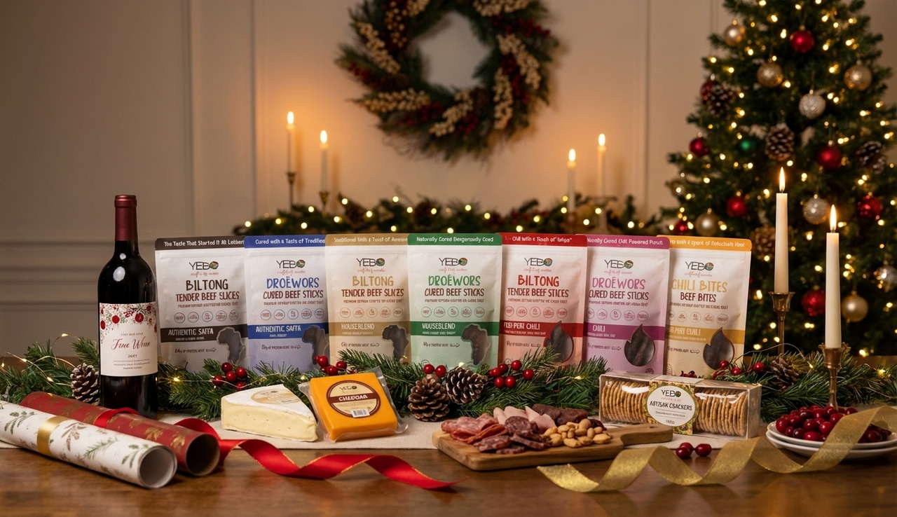 Biltong-snack choices on a table with some holiday decorations