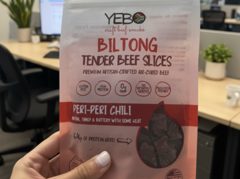 Biltong Protein Snacks in a red pouch.
