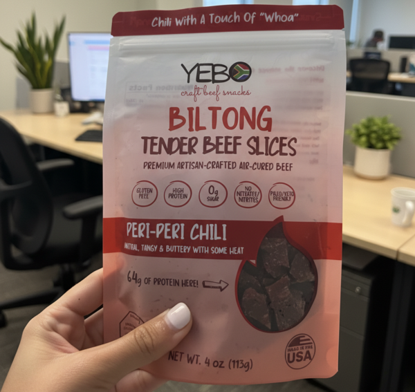 Biltong protein snacks in a red bag at an office
