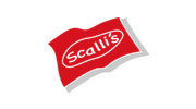 Red and white waving Scallis logo in classic cursive script design.
