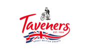 Taveners logo featuring vintage penny-farthing bicycle and stylized Union Jack for Great British sweets.