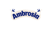 Ambrosia logo with blue lettering, gold banner, and bluebirds symbolizing British dessert brand tradition.