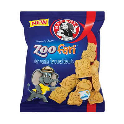 Bakers Zoo Fari vanilla biscuits pack featuring animal-shaped cookies and playful safari design.