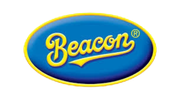 Beacon logo in blue and yellow oval design for confectionery and sweets branding.