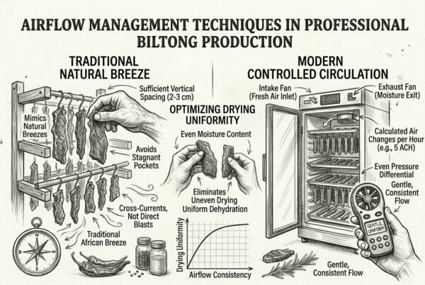 Biltong drying airflow comparison showing traditional natural breeze and modern controlled circulation methods.