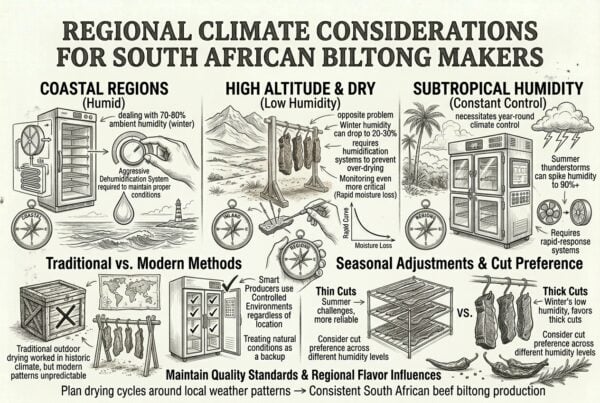 South african biltong drying climate infographic showing regional humidity, temperature, and meat curing techniques.