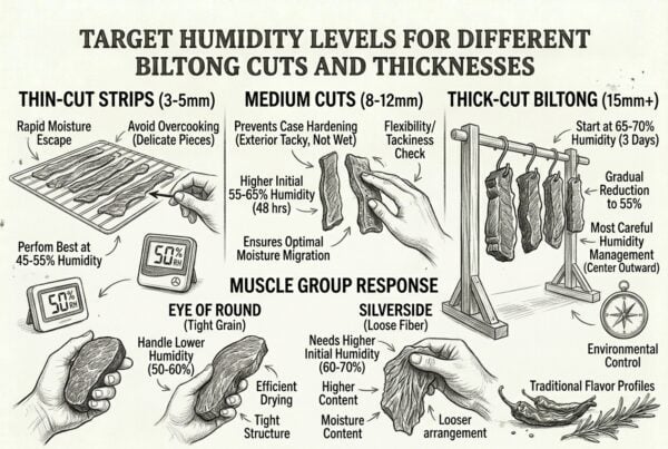 Biltong drying humidity guide for thin, medium, and thick beef cuts with ideal moisture levels.